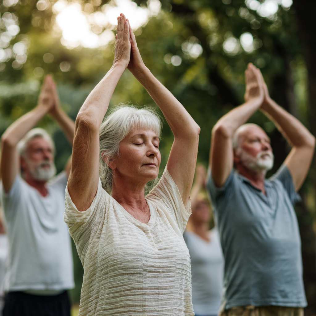Group of senior adults practicing yoga together outdoors
