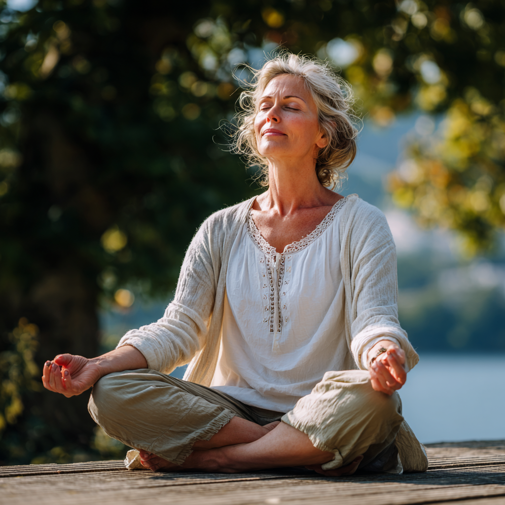 Peaceful middle-aged woman in meditation pose outdoors